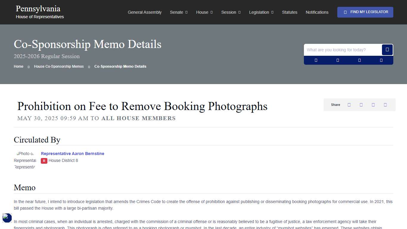 House Co-Sponsorship Memo 46792 Information; 2025-2026 Regular Session - PA House of Representatives